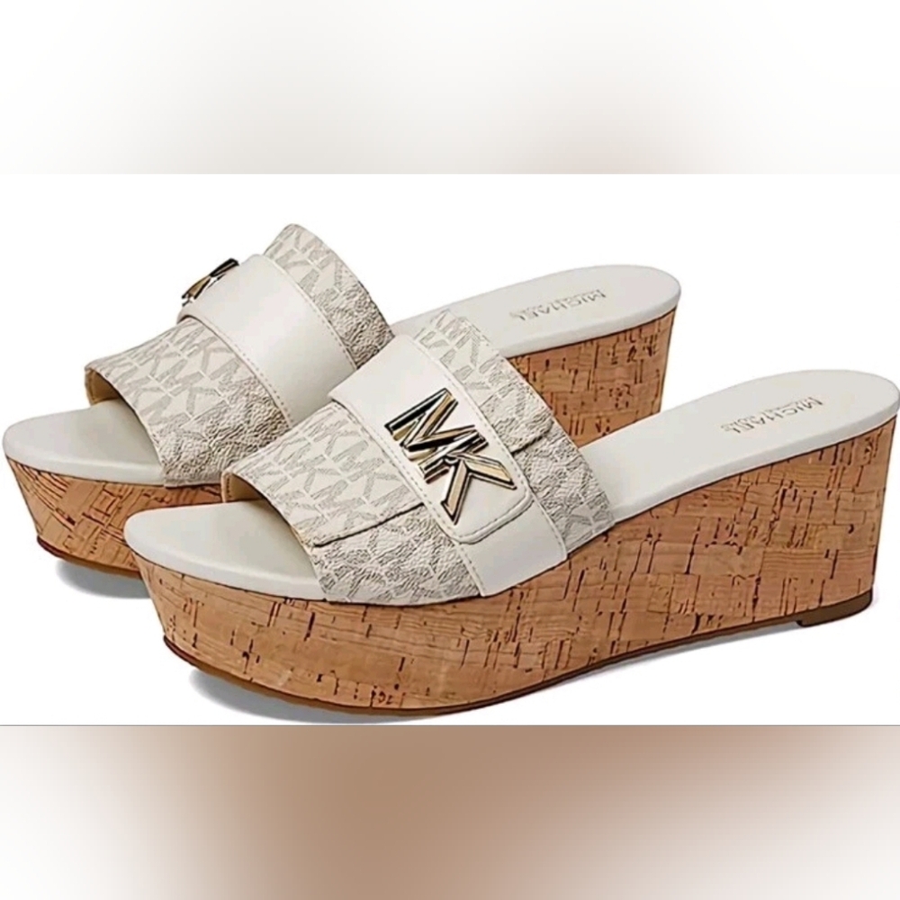NEW Michael Kors MK Designer jilly Platform Wedge Slide Sandals Vanilla Size 8